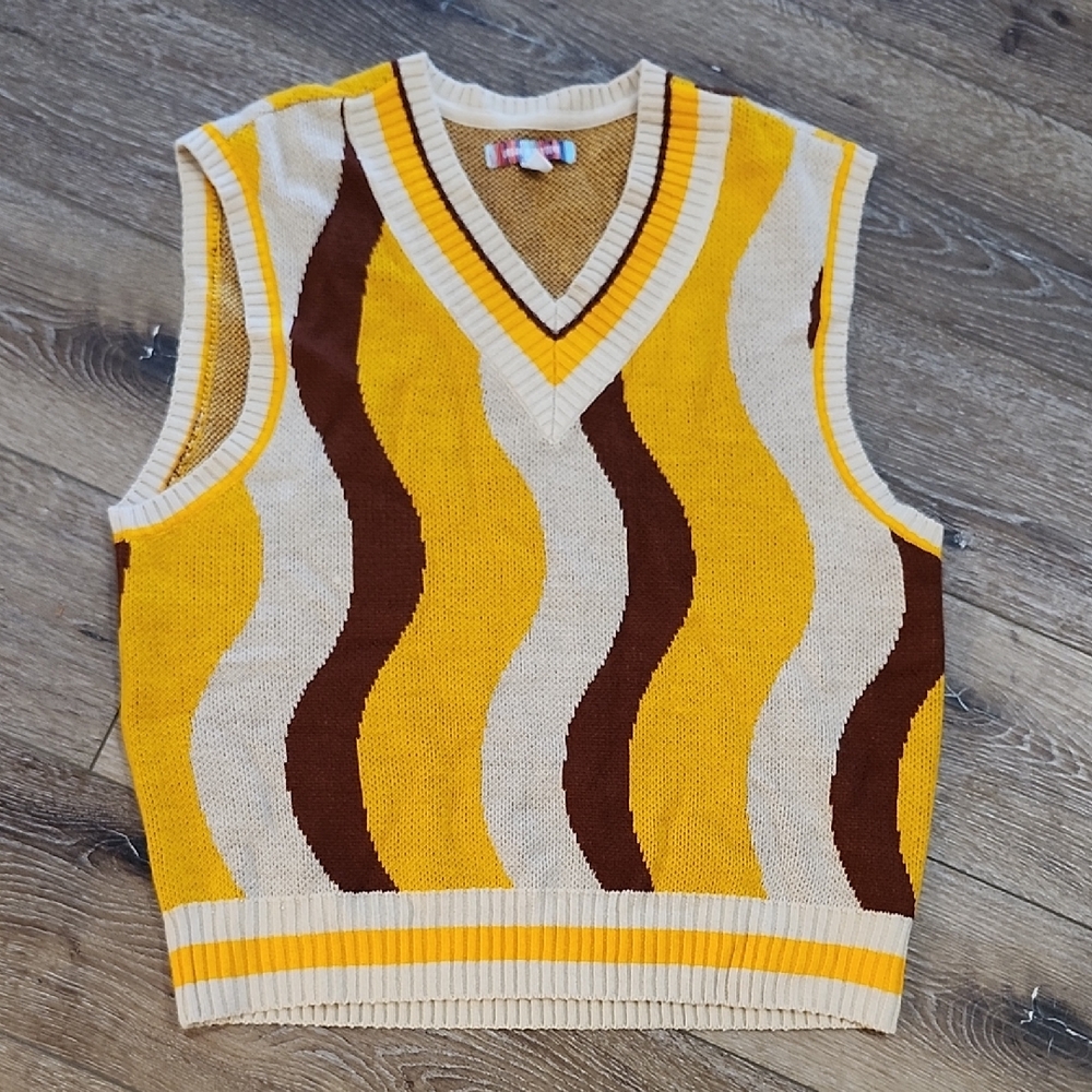 Urban Outfitters Yellow and Brown V-Neck Sweater Vest
